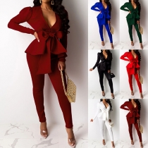 Stilfullt OL Ruffled Blazer + Högmidjade Byxor Set