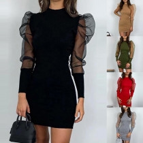 Sexy See-through Gauze Spliced Long Sleeve Round Neck Slim Fit Dress