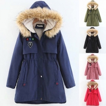 Fashion Faux Fur Spliced Hooded Plush Lining Drawstring Waist Padded Coat