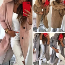 Fashion Solid Color Long Sleeve Faux Fur Spliced Hooded Coat