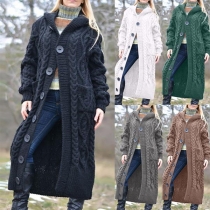 Lång stickad cardigan med enfärgad huva och långärmad design