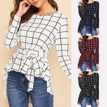 Fashion Long Sleeve Round Neck High-low Hem Lace-up Plaid Top