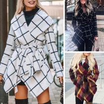 Fashion Long Sleeve Lapel Irregular Hem Plaid Cardigan