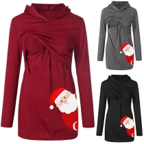 Cute Santa Claus Printed Hooded Multifunctional Breastfeeding Sweatshirt
