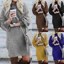 Fashion Solid Color Long Sleeve Mock Neck Sweater Dress