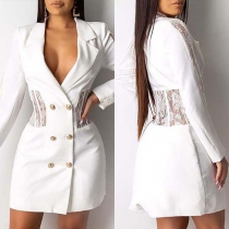 Sexy Lace Spliced Long Sleeve Double-breasted Slim Fit Blazer