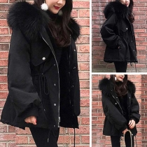 Fashion Faux Fur Spliced Hooded Drawstring Waist Padded Coat