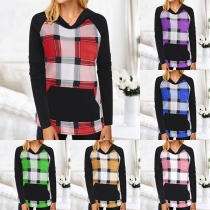 Fashion Plaid Spliced Long Sleeve Hooded Sweatshirt