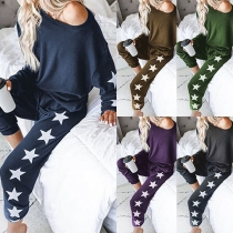 Sexy Oblique Shoulder Long Sleeve Star Printed Two-piece Set