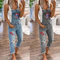 Chic Stil Rödläpptryckta Slitna Jeansoverall