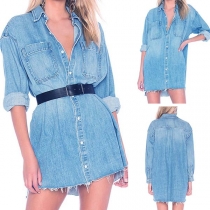 Fashion Long Sleeve POLO Collar Loose Denim Shirt Dress