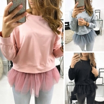 Fashion Solid Color Gauze Spliced Hem Round Neck Sweatshirt