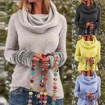 Fashion Printed Spliced Long Sleeve Cowl Neck Top