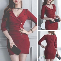 OL Style 3/4 Sleeve Notched Lapel Slim Fit Dress