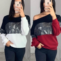 Fashion Contrast Color Long Sleeve Round Neck Sequin Spliced Sweatshirt