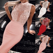 Sexy Rhinestone Spliced Sleeveless HIgh Waist Slim Fit Party Dress