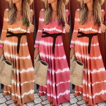 Fashion Long Sleeve V-neck Striped Maxi Dress