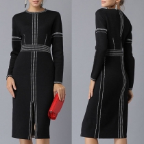 Sexy Slit Hem Long Sleeve Round Neck Slim Fit Knit Dress
