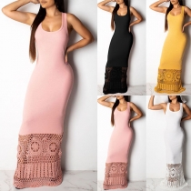 Sexy Lace Spliced Hem Sleeveless Round Neck Floor-length Dress