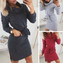 Fashion Solid Color Long Sleeve Turtleneck Slit Hem Slim Fit Dress