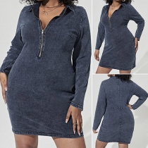 Fashion Long Sleeve V-neck Plus-size Denim Dress