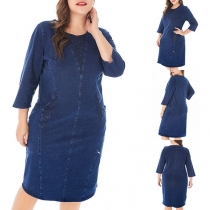 Fashion 3/4 Sleeve Round Neck Rhinestone Spliced Denim Dress