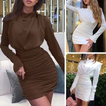 Fashion Solid Color Long Sleeve Slim Fit Wrinkled Dress