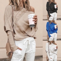 Sexy Oblique Shoulder Dolman Sleeve Solid Color Knit Top
