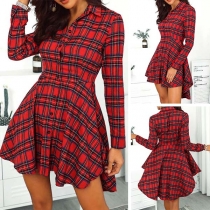 Fashion Long Sleeve POLO Collar High-low Hem Plaid Shirt Dress(It falls small)