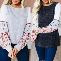 Fashion Printed Spliced Long Sleeve Round Neck Contrast Color Sweatshirt