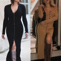 Sexy V-neck Slit Hem Long Sleeve Single-breasted Slim Fit Dress