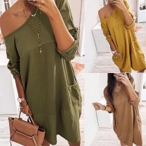 Sexy Oblique Shoulder Long Sleeve Solid Color Loose Dress