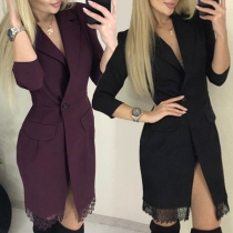 OL Style 3/4 Sleeve Notched Lapel Lace Spliced Hem Dress