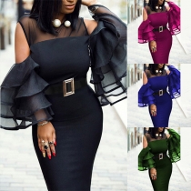 Sexy Off-shoulder Lotus Sleeve Gauze Spliced Slim Fit Dress