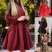 Sexy Lace Spliced Lantern Sleeve Stand Collar Shirt Dress