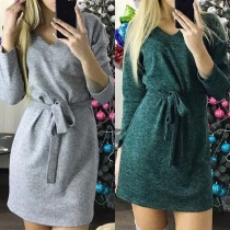 Fashion Solid Color Long Sleeve V-neck Lace-up Dress