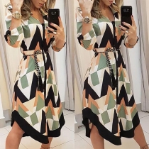 Fashion Long Sleeve V-neck Contrast Color Printed Shirt Dress