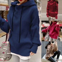 Fashion Solid Color Long Sleeve Hooded Loose Knit Top