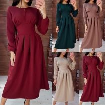 Elegant Solid Color Long Sleeve Round Neck High Waist Dress