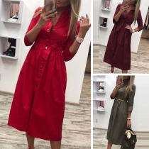 OL Style Long Sleeve POLO Collar Solid Color Shirt Dress