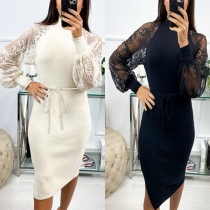 Fashion Lace Spliced Lantern Sleeve Mock Neck Slim Fit Dress