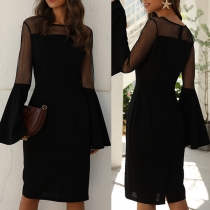 Sexy Gauze Spliced Trumpet Sleeve Round Neck Slim Fit Dress