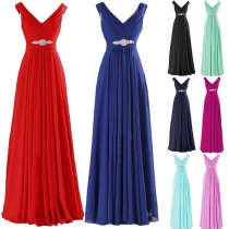 Sexy Backless V-neck Sleeveless High Waist Solid Color Maxi Dress