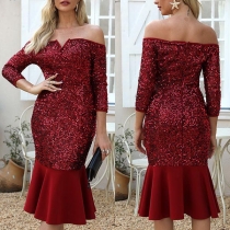 Sexy Off-shoulder Boat Neck Fishtail Hem Slim Fit Sequin Dress