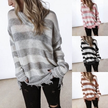 Fashion Long Sleeve V-neck Frayed Hem Striped Knit Top