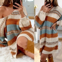 Fashion Contrast Color Long Sleeve V-neck Loose Sweater Dress