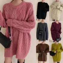 Fashion Solid Color Long Sleeve Round Neck Loose Sweater Dress
