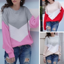Fashion Contrast Color Long Sleeve Round Neck Loose Sweater
