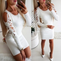 Sexy Hollow Out Long Sleeve Round Neck Solid Color Slim Fit Dress