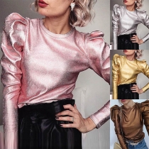 Punk Style Long Sleeve Round Neck Solid Color Top